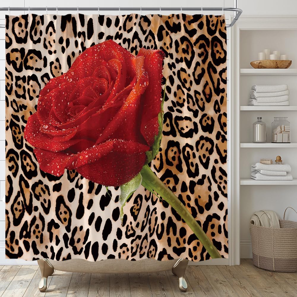 Red Rose Shower Curtain Blossom Rose Black Floral Flower Pretty Valentine Romantic Modern Plant Fabric Bathroom Decor Set with Hooks,(70" Wx84 H)