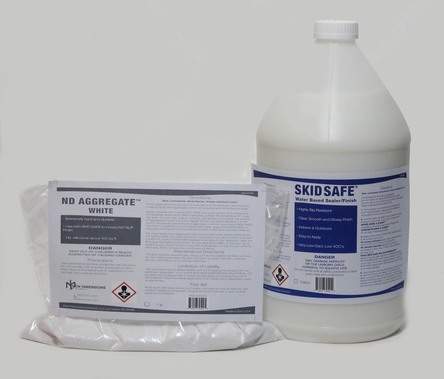Non Slip Skid Safe System™ For Vinyl, Wood, Metals and Previously Sealed Surfaces include: SKID SAFE™ (Non-Slip Sealer/Finish), & ND Aggregate™ (Clear Matte, MEDIUM KIT)