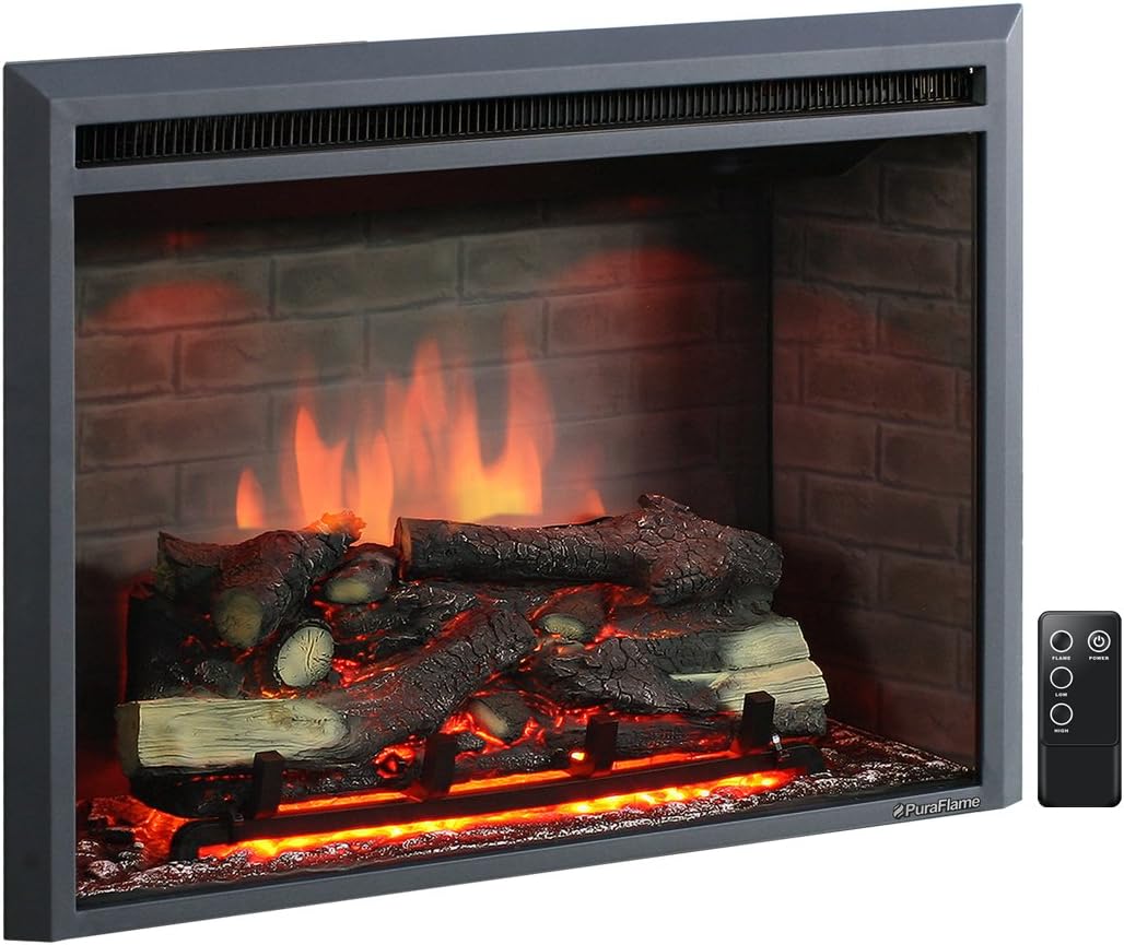 PuraFlame Western Electric Fireplace Insert with Fire Crackling Sound, Remote Control, 750/1500W, Black, 33 5/64 Inches Wide, 25 35/64 Inches High