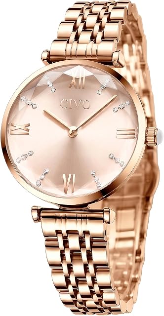 CIVO Femmes Montre en acier inoxydable étanche Montre de poignet en quartz analogique Mode Elégant Designer Deux mains uniques avec cadran à l'échelle du temps diamant