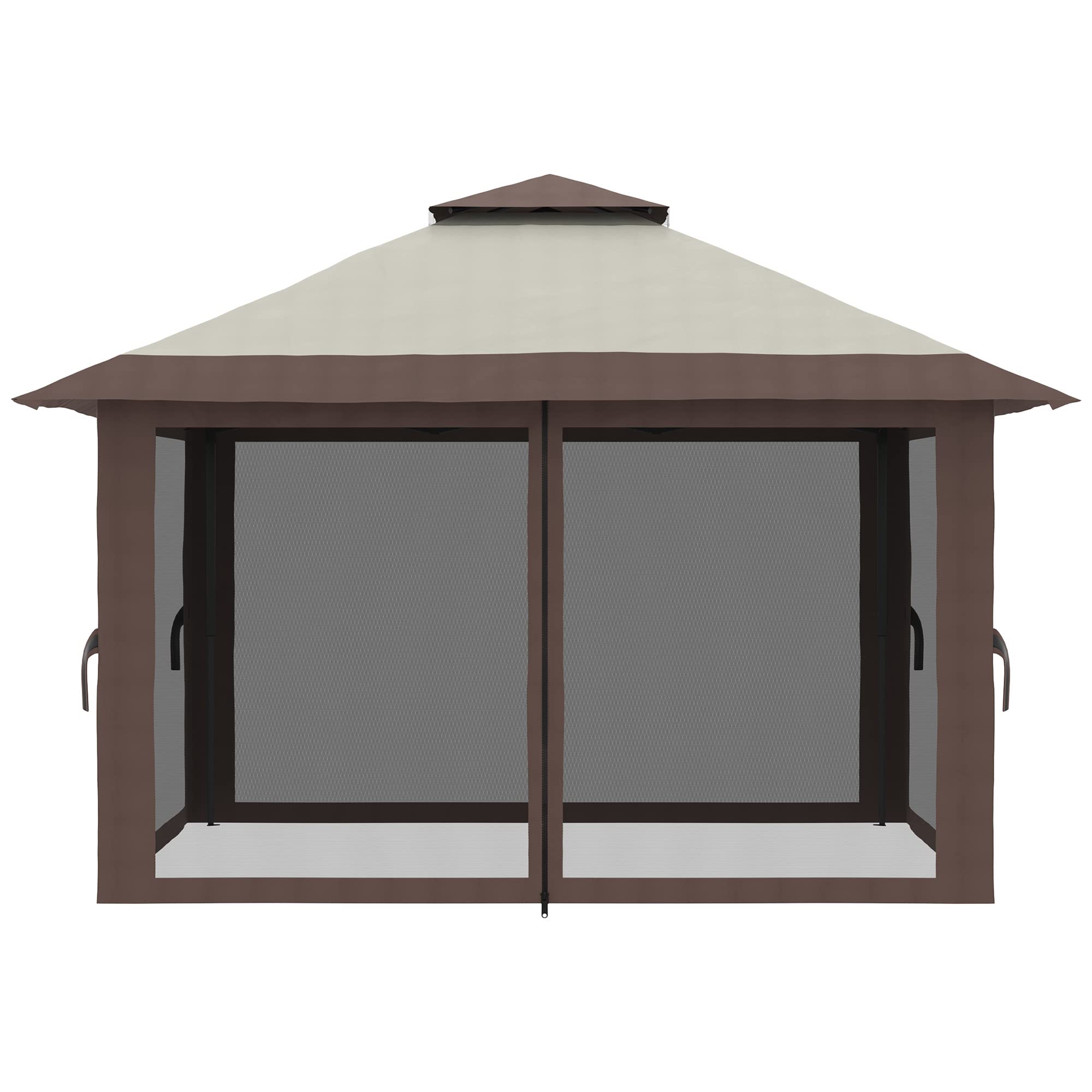 Outsunny Carpa Plegable Pop-up 4x4x2,8 m Cenador de Jardín con Paredes Altura Ajustable Anti-UV Impermeable Doble Techo Mosquiteras y Bolsa de Ruedas Gazebo para Exterior Fiestas Camping Beige