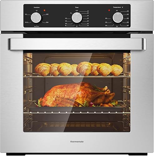 Horno de pared individual, termomato de 24 pulgadas con 5 funciones de cocción, hornos de pared eléctricos de 2.3 pies cúbicos con acabado de acero