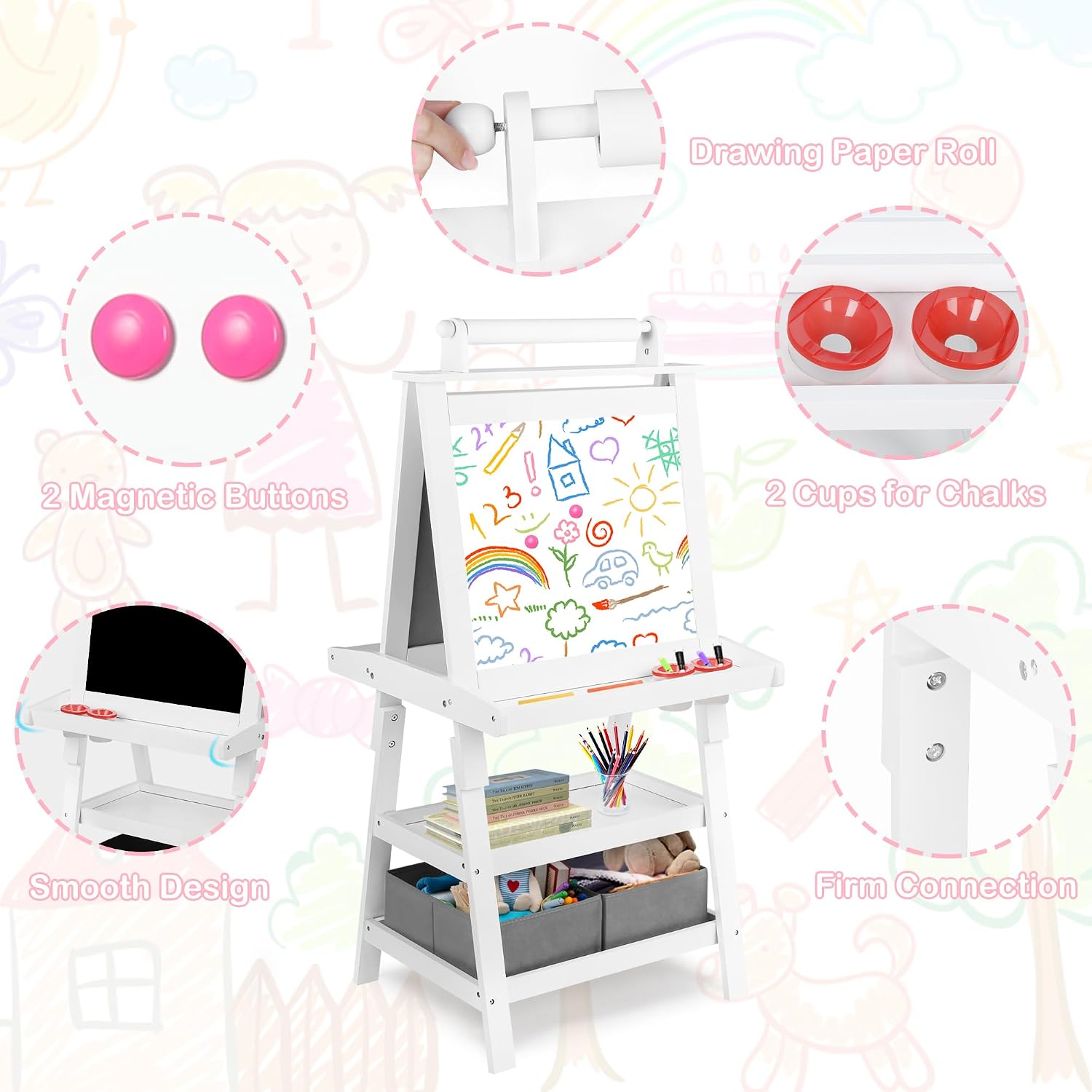 TODEFULL Art Easel for Kids, 3 in 1 Wooden Toddler Easel w/Magnetic Whiteboard, Chalkboard & Paper Roll, Standing Painting Easel with Shelves & 2 Storage Bins, for Boys Girls, White