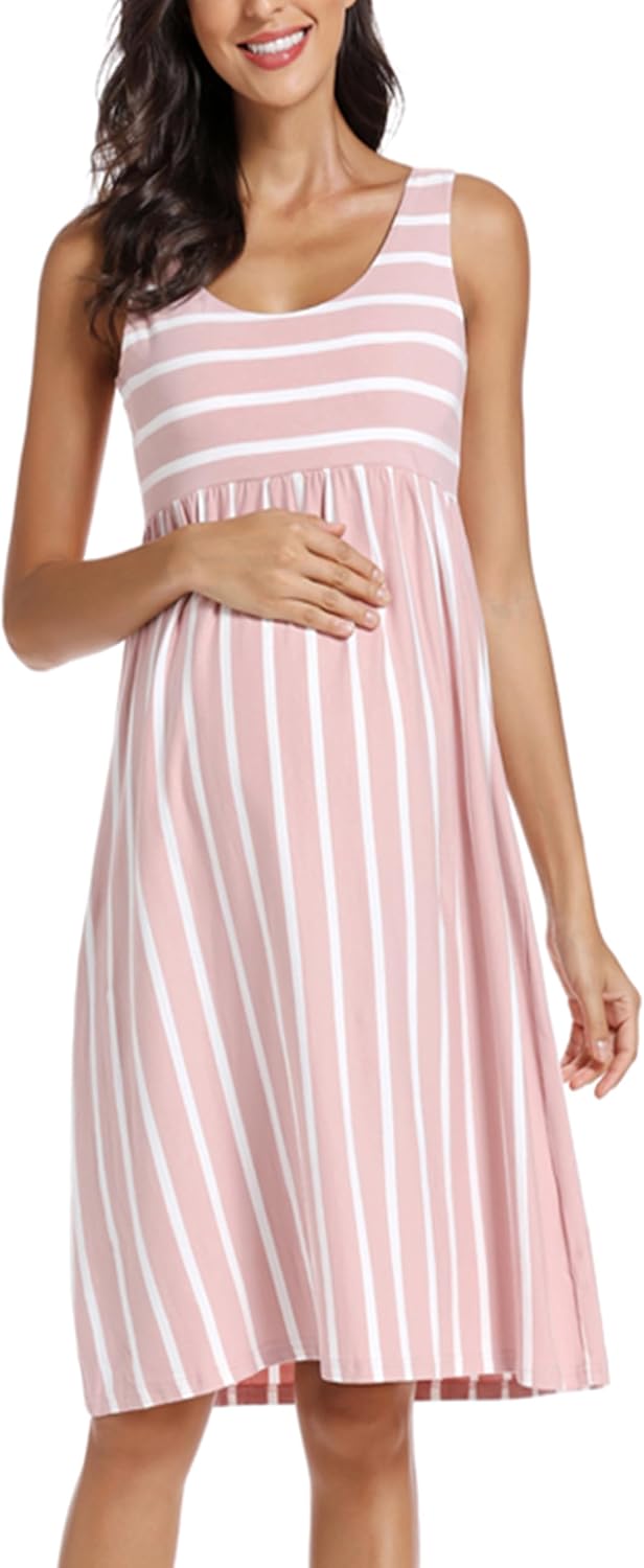 Ecavus Womens Maternity Tank Dress Stripe Color Block Sleeveless Knee Length for Baby Shower