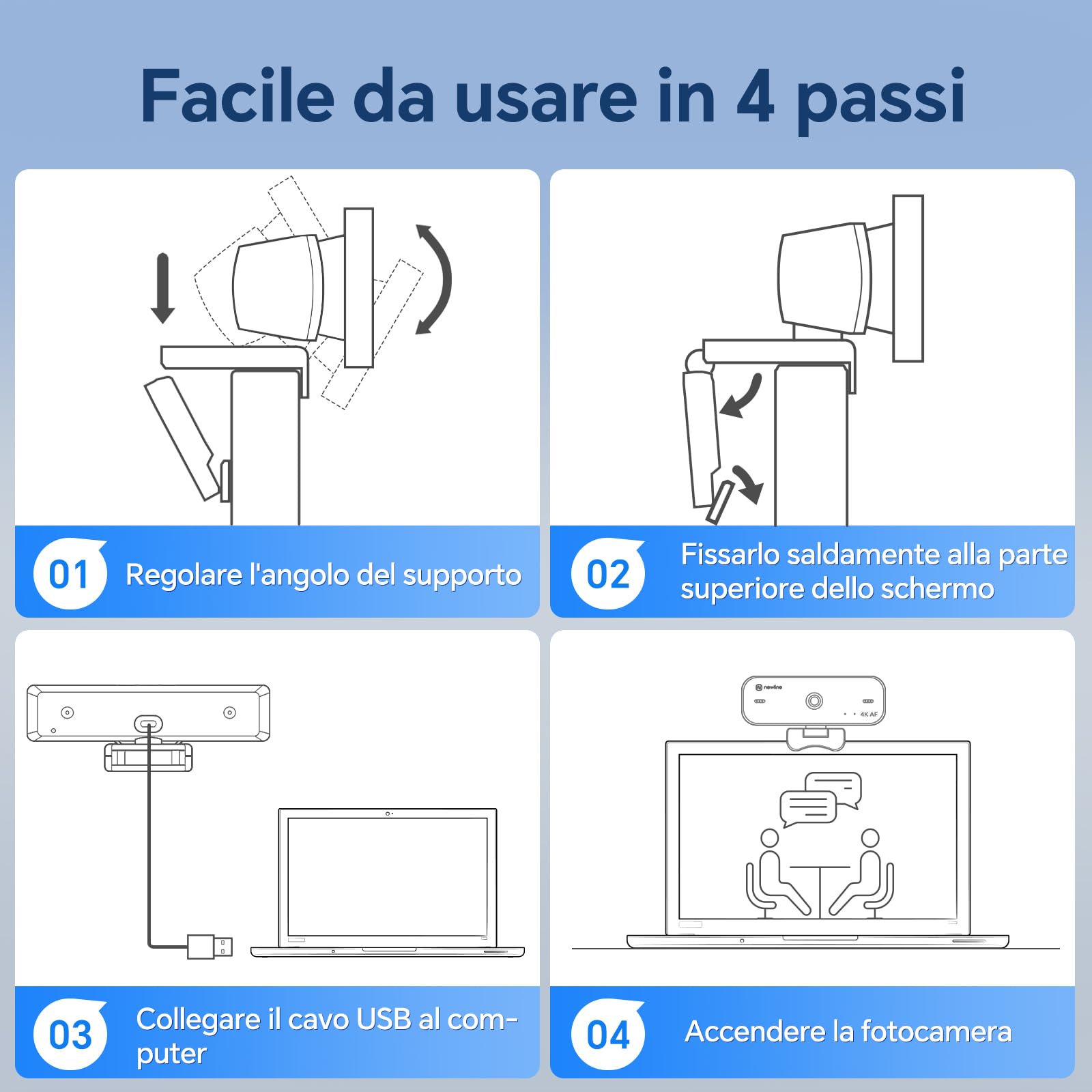 Webcam 4k 30FPS PC Camera con 2 Microfoni con Sensore Sony, Aggiornato Autofocus, Correzione della Luce, USB Full HD Webcam per Mac Laptop Skype Streaming Home Office Gaming