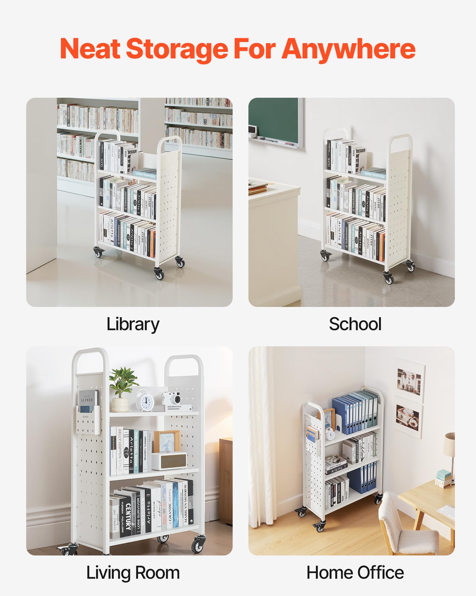 VEVOR Carrello Portalibri con Ruote 770 x 380 x 1220 mm Carrello Rotante Porta Libri, Carico 150 kg Ripiani a L Monofacciali con Ruote Bloccabili 7,6 cm per Scaffali di Casa, Ufficio e Scuola, Bianco