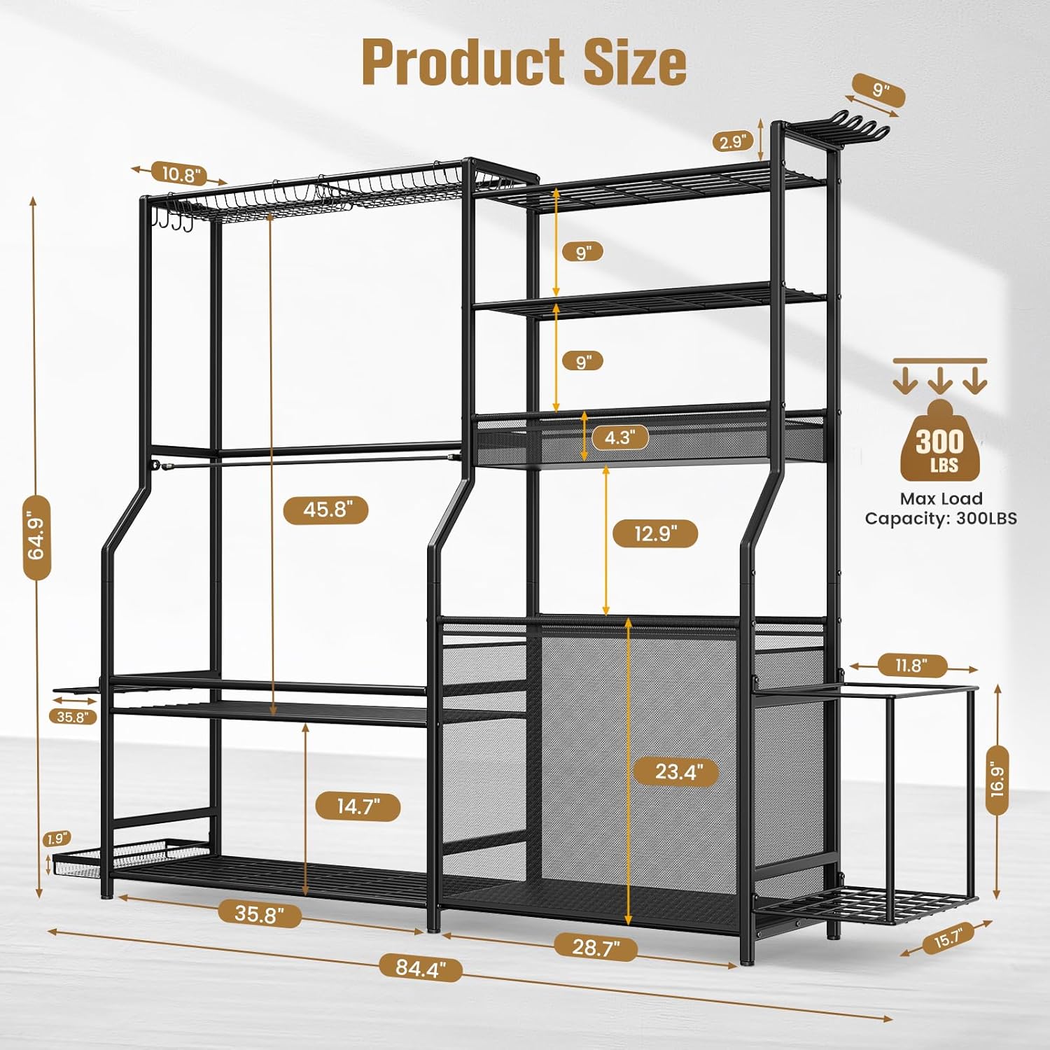 Garage Sports Equipment Organizer, 3 Golf Bag Organizer Stand Heavy-Duty Ball Storage Rack with Basket and Hooks, Ball Storage Cart for Toy Sports Gear Storage, Black