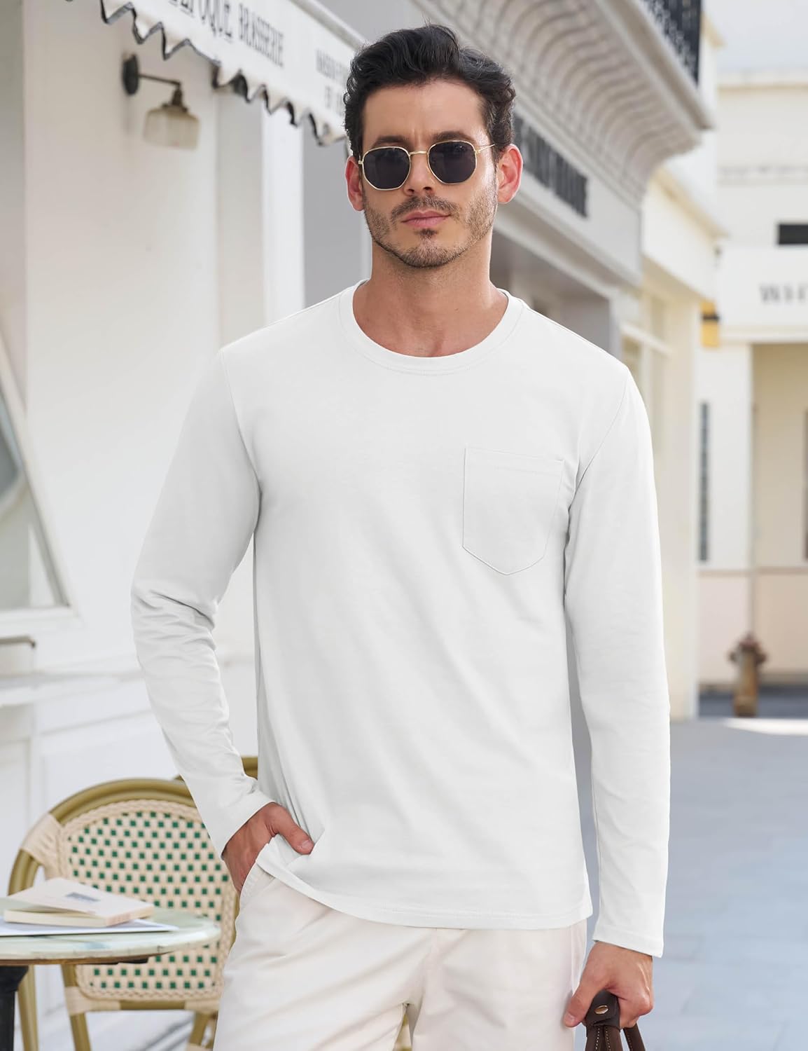 EKLENTSON Men's Cotton T-Shirts Long Sleeve Pocket Tee Crewneck Moisture Wicking Casual Tshirts Solid Color - Image 3