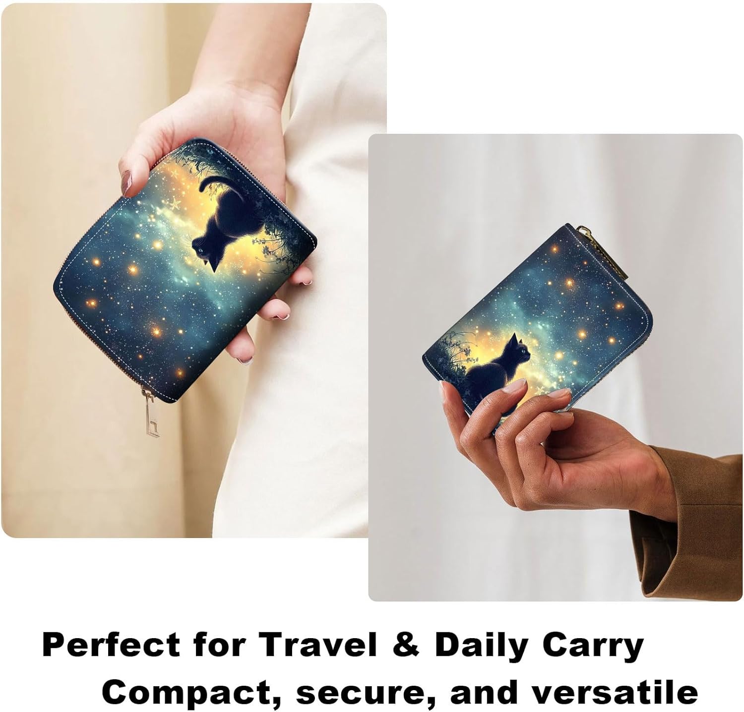 Womens Card Wallet with Zipper, RFID Blocking Small Credit Card Holder Case, PU Leather Accordion Card Wallet for Women, Compact Travel ID & Cash Organizer, Black Cat Sky - Image 5