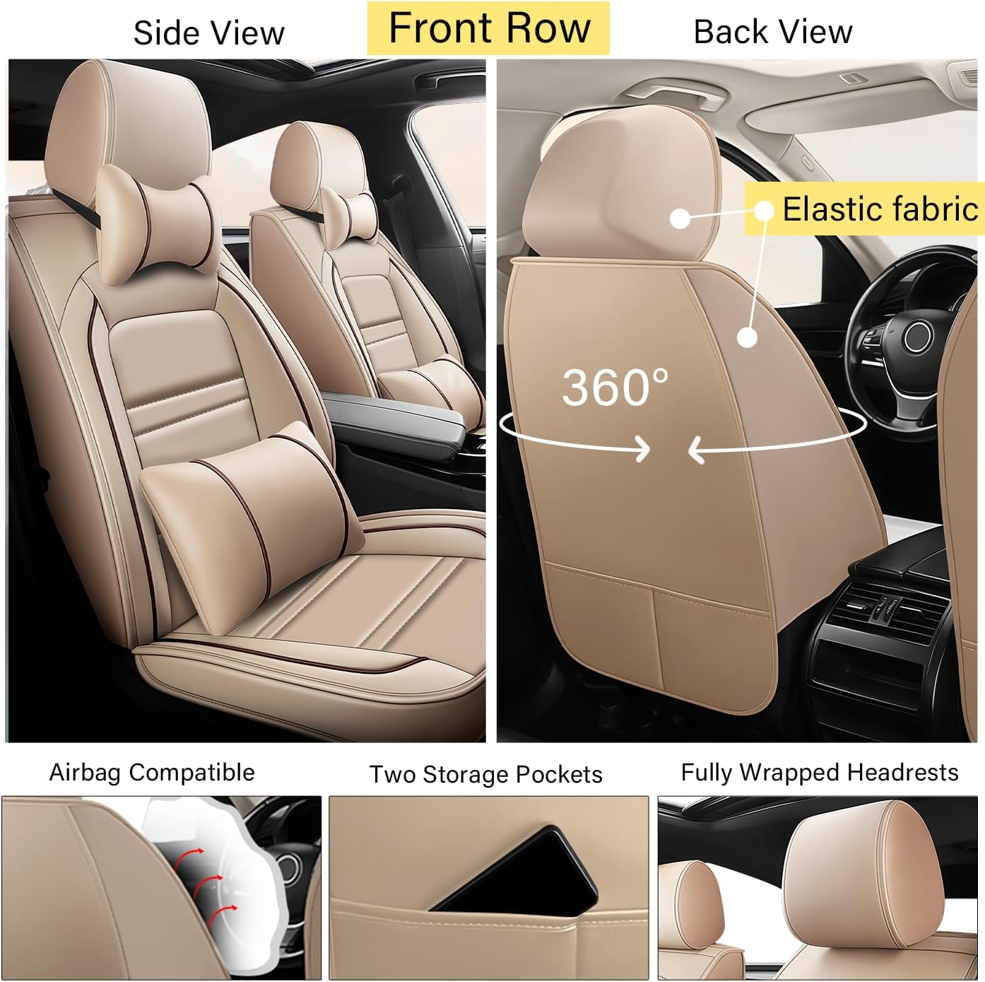 Leather Car Seat Covers Fit for Buick Enclave 2008-2023, Car Seat Cover 7 Seat, Non-Slip and Waterproof Full Set with Pillow Accessories (Beige)
