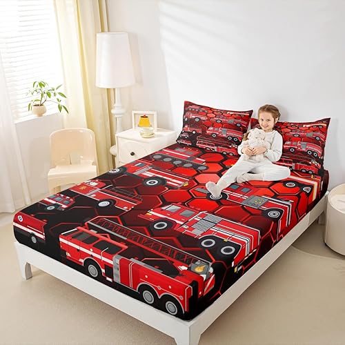 Erosebridal Sábanas bajeras de camión de bomberos para niños, sábana bajera de panal de abejas de color rojo, tamaño individual, sábanas para