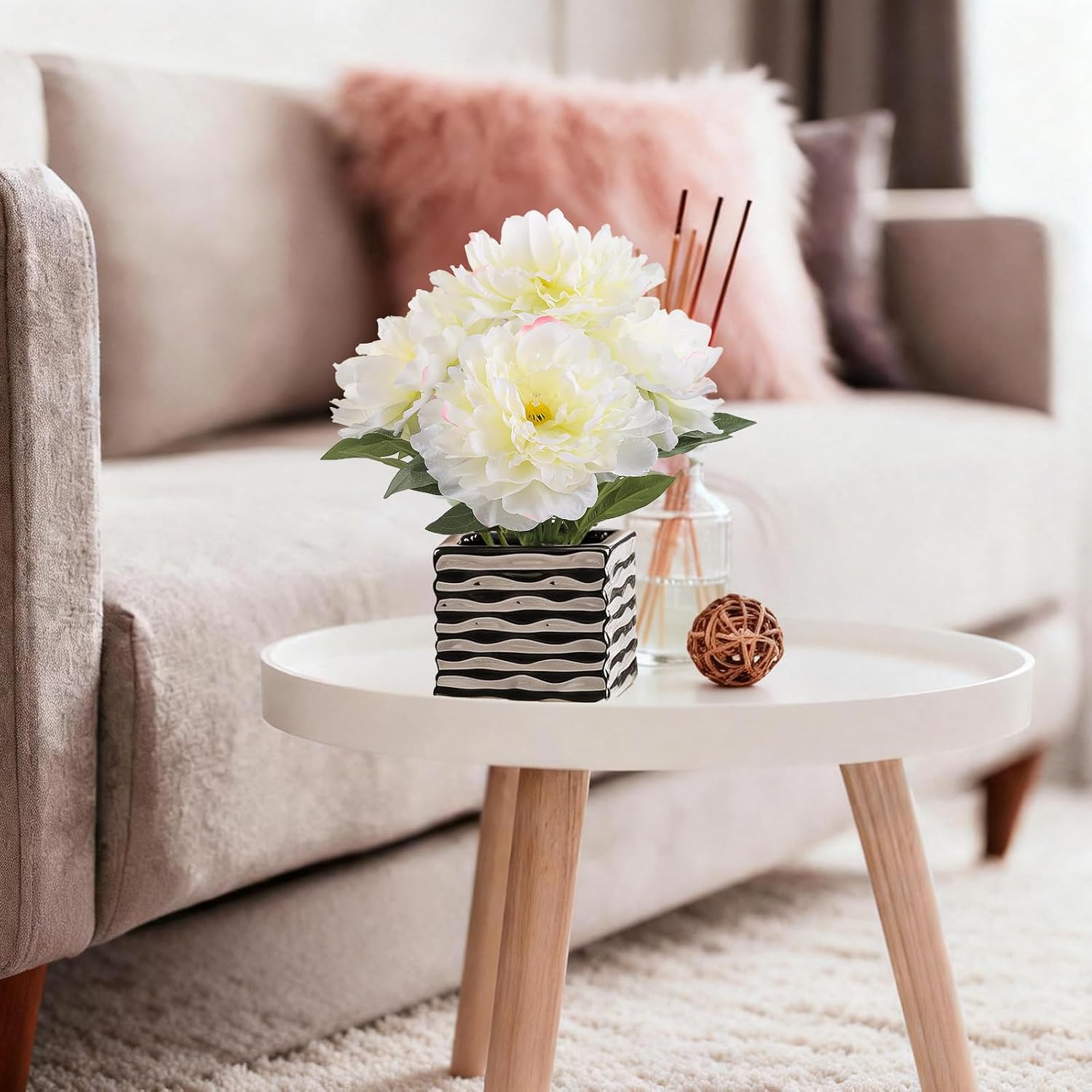Artificial Peony Silk Flower Centerpieces in Pot with Light, Faux Flowers Peonies for Centerpiece Table Home Decor Bathroom Decor & Wedding Decoration