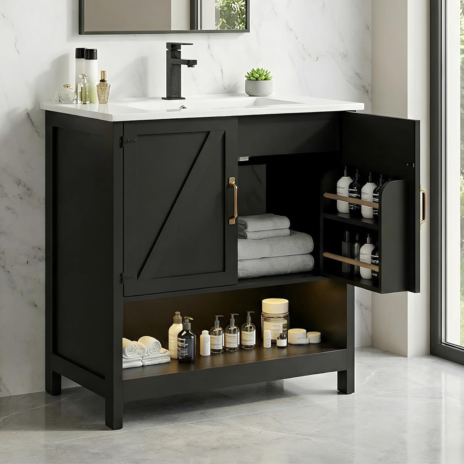 30" Bathroom Vanity with Sink, Black Freestanding Vanity for Small Bathrooms, Solid Metal Hinges, Door Organizer, RGB LED Light, Plumbing Clearance Shelf