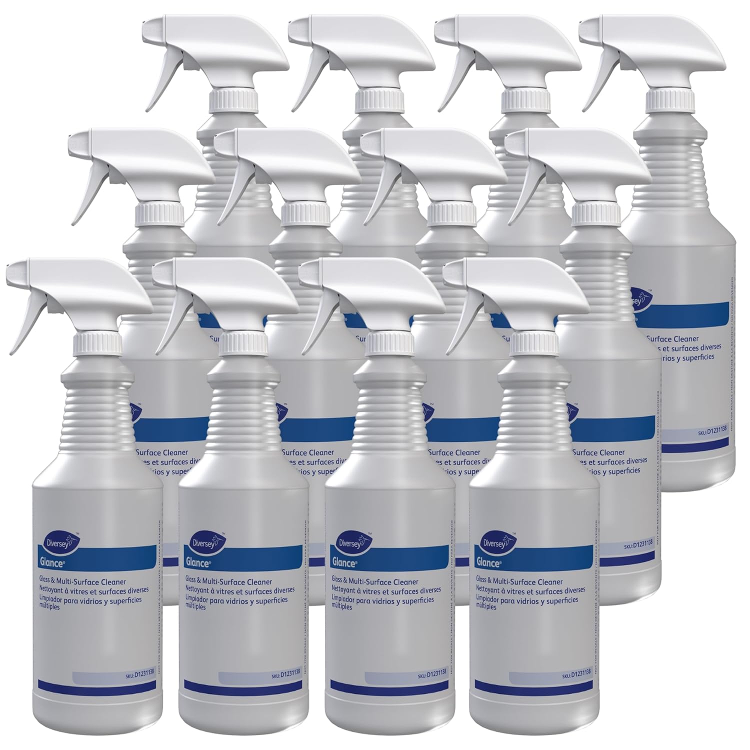 GLANCE Diversey D1231138 NA Glass and Multi Surface Cleaner Empty Bottles, Spray Bottle Accessory, Pre-Labeled Bottle Only, Unscented, 32 ounce (Pack of 12)