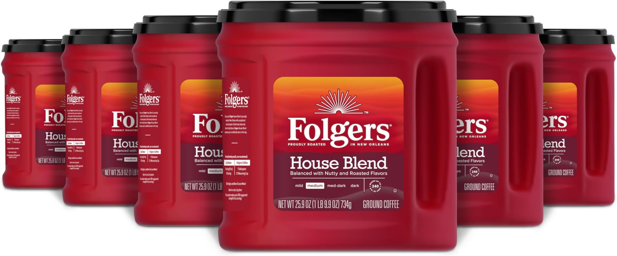 Folgers House Blend Ground Coffee, Medium Roast, 25.9 ounce Canister (Pack of 6)
