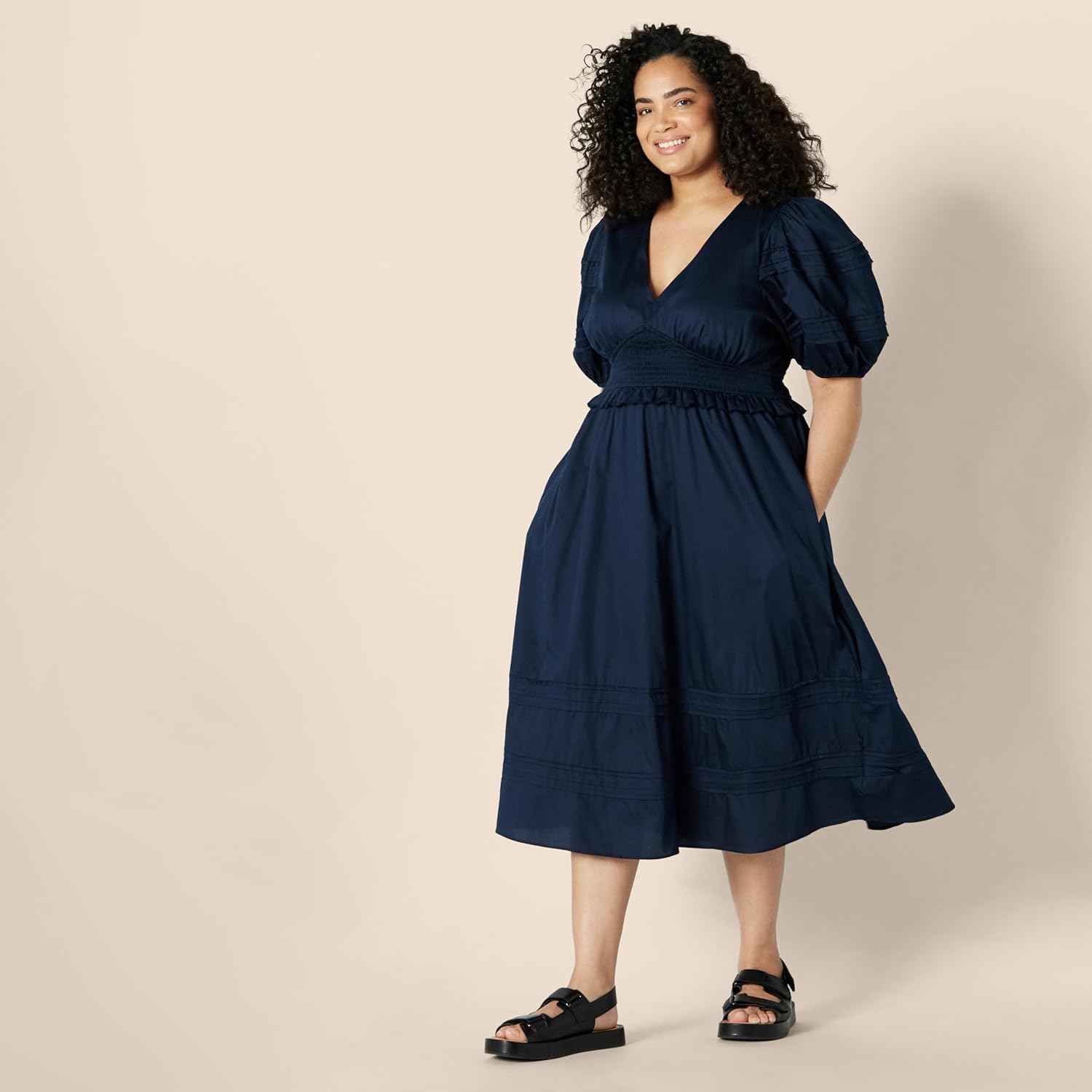 Amazon Essentials Women's Regular-Fit Cotton Sateen Puff Sleeve Midi Dress - Image 6