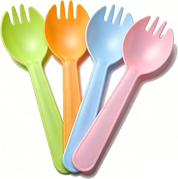 4.3" Mini Disposable Sporks 100ct, Plastic Spork 2-in-1 Utensils, 4 Colors, 25ct Individual Package Per Color - Made by Mavere