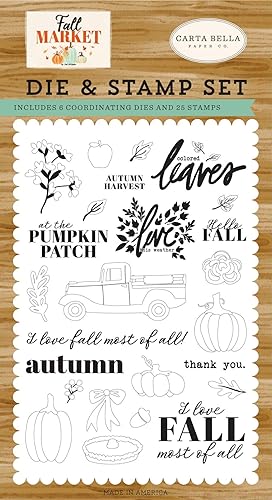 Carta Bella Paper Company CBFAM105045 Autumn Harvest - Juego de troqueles y sellos para manualidades, color naranja, rojo, verde azulado, crema,