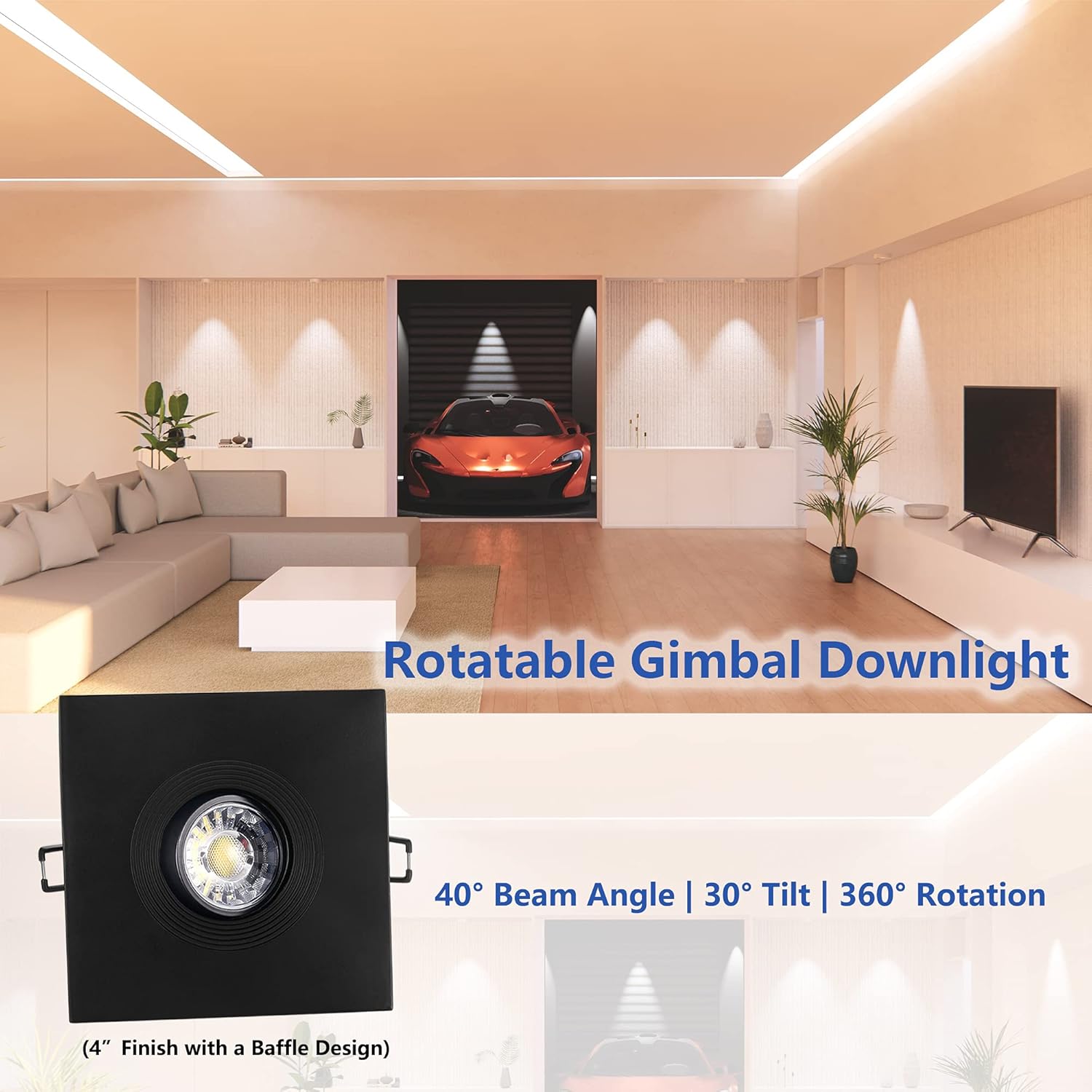 POPANU Canless Recessed Gimbal Downlight Rotatable-Spotlight 5 CCT 4 Inch Eyeball Ceilling Potlight, Dimmable Lights Fixture with Junction Box, 8W CCT Adjustable, Black Square Trim, with Baffle, 6P