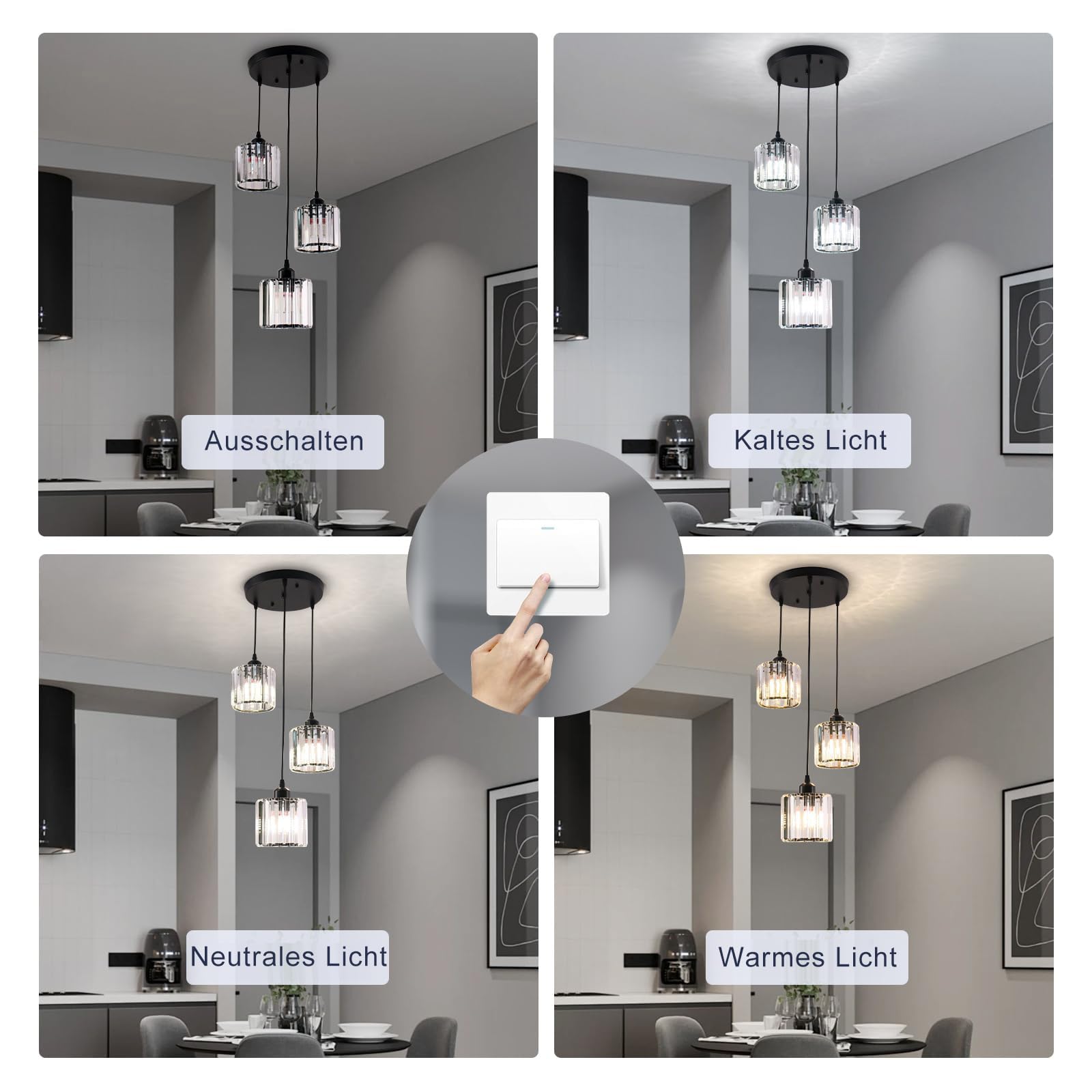 Lampade a sospensione a soffitto rotonde in vetro moderno, lampade a sospensione in vetro regolabile in altezza, lampade a aragno per pranzo, salotto nero (3 luci)