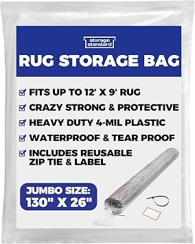 Heavy Duty Rug Storage Bag - Reusable Rug Shipping Bag, Waterproof Plastic Rug Cover - Fits Rolled Carpet Up to 9 x 12 Feet, 4 Mil Thick Tear Proof Plastic Storage Bag - 1 Clear Bag, 130 x 26 Inches