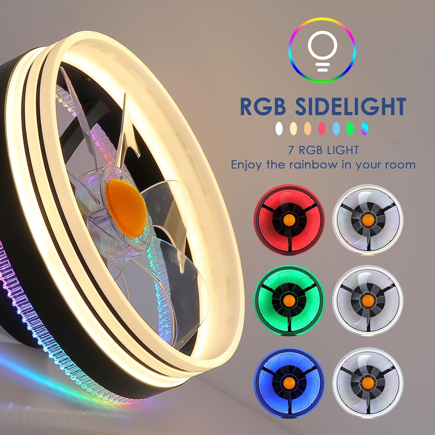 Mpayel RGB Ceiling Fans with Lights, 13" Low Profile Ceiling Fan with Light and Remote, 3000-6000K Dimmable Modern Black Flush Mount LED Fan Light for Bedroom, Living Room, Kitchen