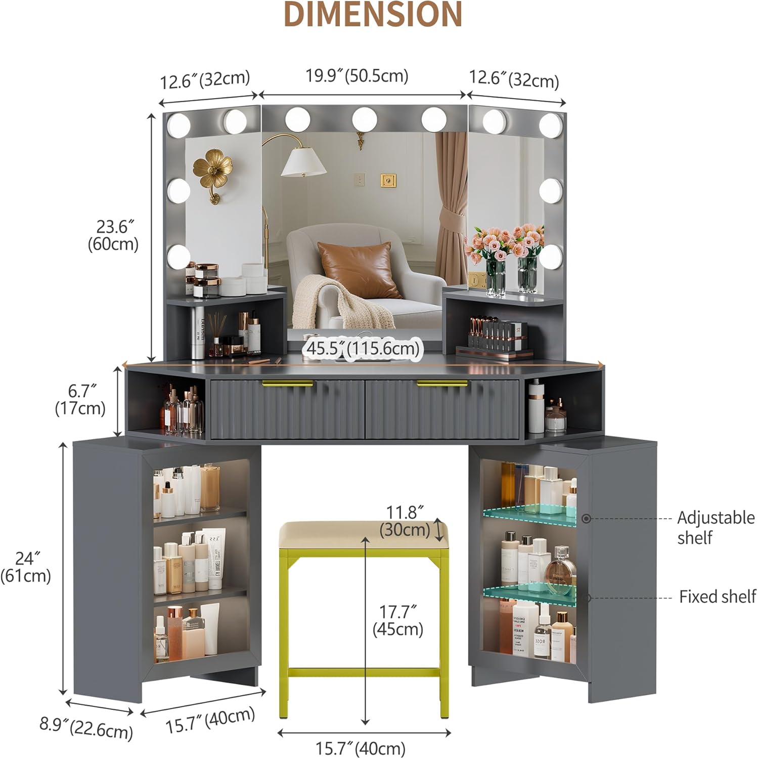 Vanity Desk with LED Lights Mirror & Power Outlet – Corner Design, Makeup Vanity Table Set with Storage Drawers & Chair, 3 Lighting Modes for Living Room/Bedroom, Ideal for Gift (Gray)