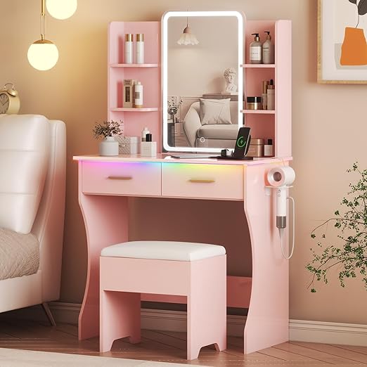 Vanity Desk with LED Lights Mirror & Power Outlet, Small Makeup Vanity Table Set with Storage Drawers & Chair, 3 Lighting Modes & Adjustable Brightness, Dressing Table for Women Girls Bedroom, Pink