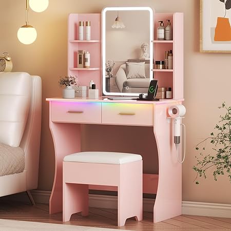 Vanity Desk with LED Lights Mirror & Power Outlet, Small Makeup Vanity Table Set with Storage Drawers & Chair, 3 Lighting Modes & Adjustable Brightness, Dressing Table for Women Girls Bedroom, Pink