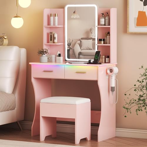Vanity Desk with LED Lights Mirror & Power Outlet, Small Makeup Vanity Table Set with Storage Drawers & Chair, 3 Lighting Modes & Adjustable Brightness, Dressing Table for Women Girls Bedroom, Pink - Pink - 2 Drawers