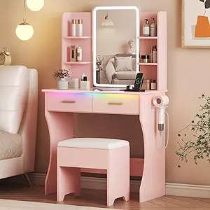 Vanity Desk with LED Lights Mirror & Power Outlet, Small Makeup Vanity Table Set with Storage Drawers & Chair, 3 Lighting Modes & Adjustable Brightness, Dressing Table for Women Girls Bedroom, Pink