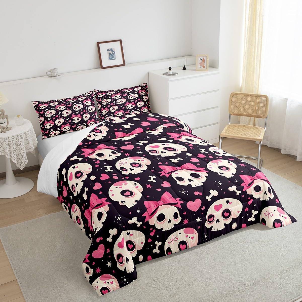 Manfei Skeleton Kids Comforter Set Twin Size,Bowknot Stars Love Heart Princess Bedding Set,Girls Women Room Decor,Cartoon Skull Halloween Trippy Down Comforter,Pink Duvet Insert,1 Pillowcase