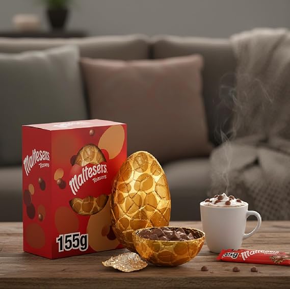 Maltesers Teasers Milk Chocolate Large Easter Egg 155g – Milk Chocolate Hollow Egg with 2 Maltesers Teasers Bags of Maltesers, Easter Chocolate Gift, Egg Hunt Treat, Basket Filler & Sharing