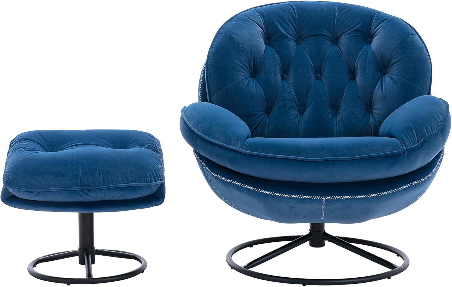 JINS&VICO Velvet Swivel Accent Chair with Ottoman Set, Modern Upholstered Lounge Chair Lazy Sofa with Footrest, Comfy Armchair with Metal Base Frame for Living Room Bedroom Home Office, Blue