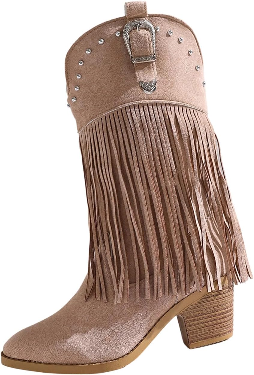 Tassel Cowboy Boots For Women Autumn Winter Flat Suede Mid Calf Boots Chunky Heel Fringe Boot Mid Length Boot Wide Calf Fashion Cowgirl Booties Casual Stylish Plus Size Warm Inside Booties