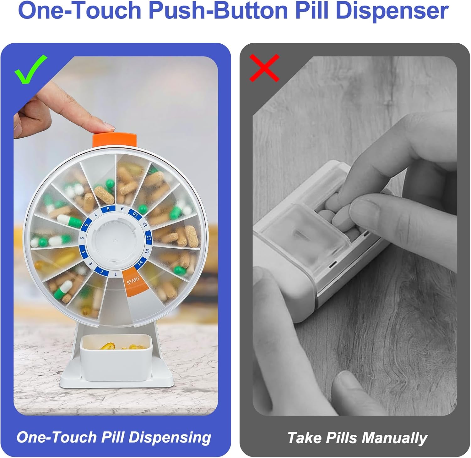 Cruxer Large Capacity Pill Dispenser with Easy Push-Button Dispensing Design,7 Day 2 Times a Day & 14 Day Pill Organizer,Wall-Mounted & Standing Use,Weekly Pill Box for Vitamins & Fish Oil & Medicine