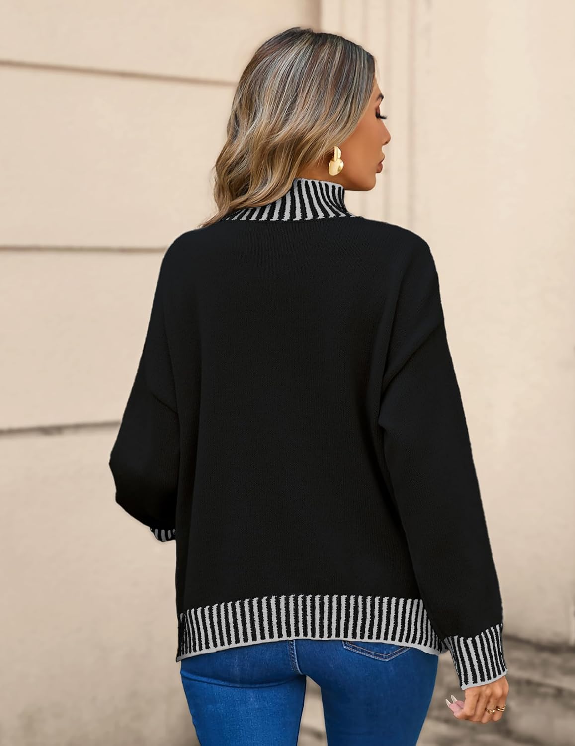 SunnyMelody Womens Oversized Turtle Neck Striped Sweater Fall 2025 Causual Ribbed Knit Long Sleeve Pullover Sweaters Tops - Image 3