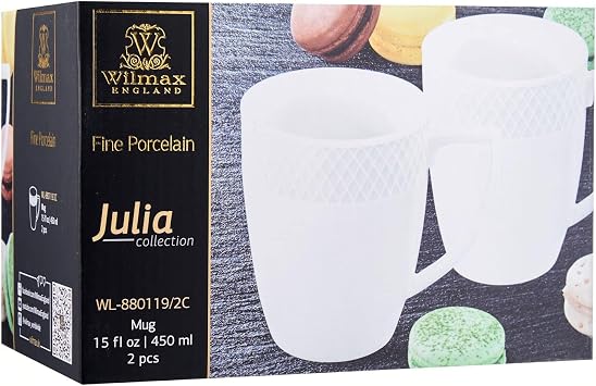 Wilmax WL-880119/2C Porcelain Mugs, White, 450 ml Capacity, Set of 2