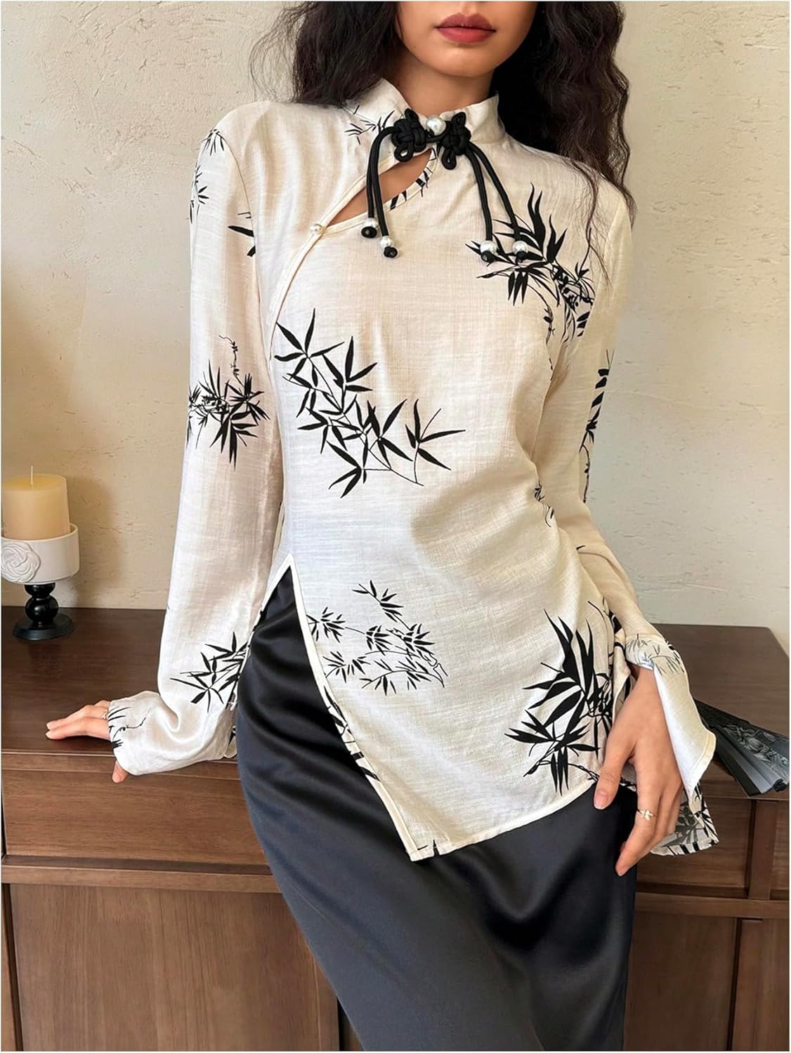 SweatyRocks Women's Chinese Cheongsam Top Floral Print Mock Neck Flare Long Sleeve Split Blouses - Image 3