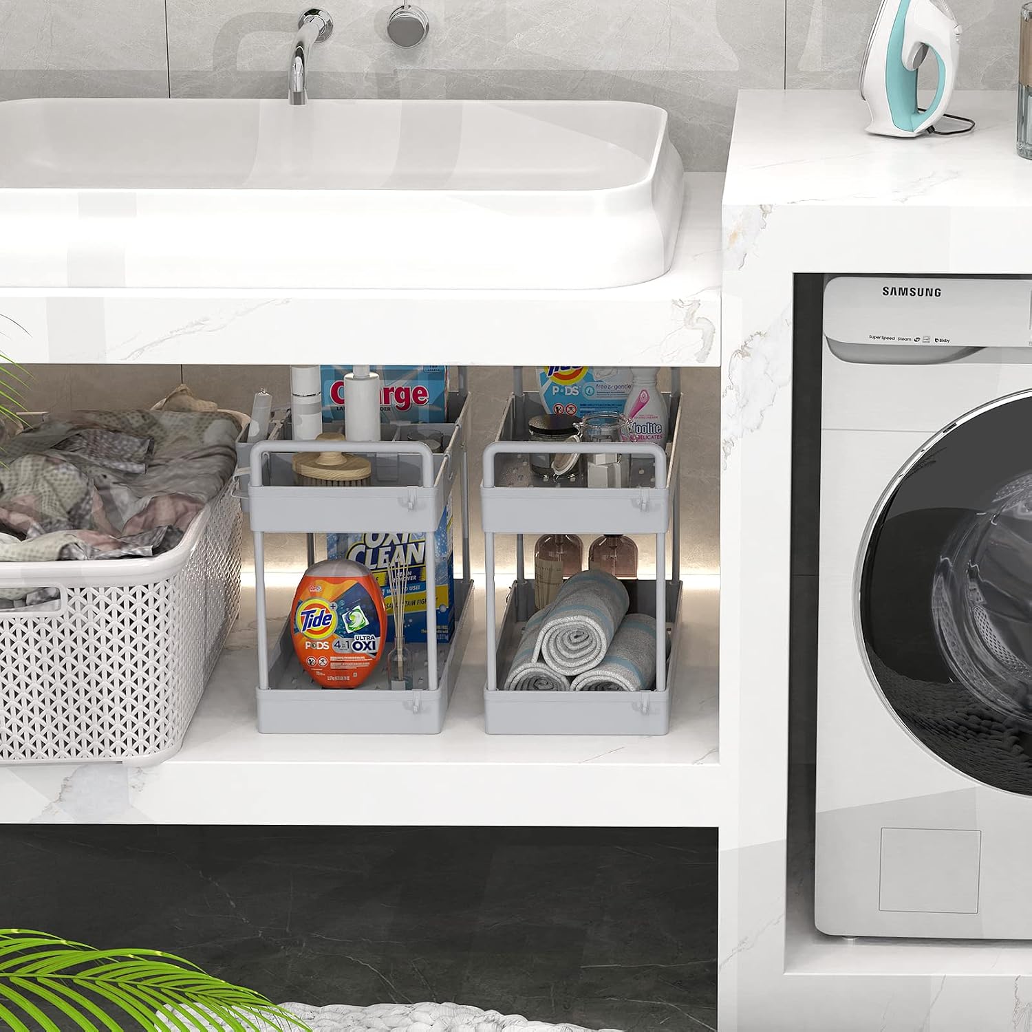 Ronlap 2 Pack Under Sink Organizers and Storage, 2 Tier Bathroom Organizer Under Sink with Handle Hanging Cup Hooks Dividers, Kitchen Organization and Storage Under Sink Cabinet Counter Shelf, Grey