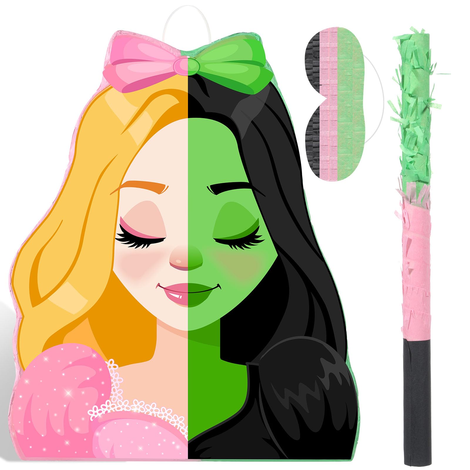 Kasyat Witch Princess Piñata Green and Pink Party Game Set Witch Theme Piñata with Bat Stick Blindfold Mask Pink Green and Black Party Decor for Theme Birthday Baby Shower Game Supplies Decor (Movie)