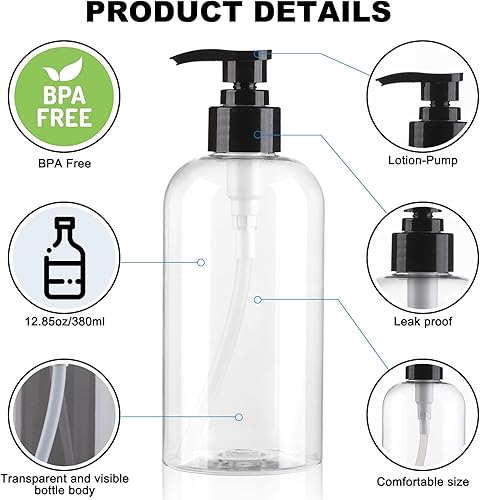 Miniatura 4 de Dispensador de botellas vacías de 12.85 onzas líquidas, botella de plástico transparente sin BPA recargable para champú, loción, jabón y aceite de