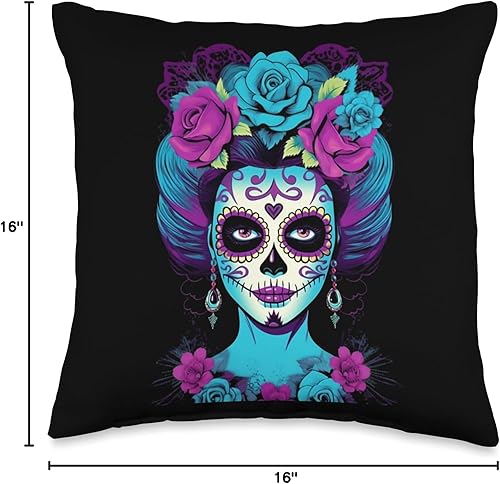 Miniatura 4 de Mexico Holiday Dia De Los Muertos Marigold Flowers La Catrina Women Dia De Los Muertos Latina Sugar Skull Throw Pillow, 16x16, Multicolor