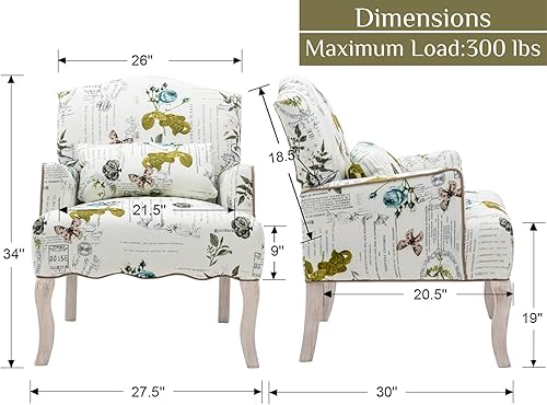 Miniatura 3 de Shunzhi Sillas decorativas de mediados de siglo, moderno sillón floral tapizado, silla de lectura de lino, cómodo sofá individual con almohada para