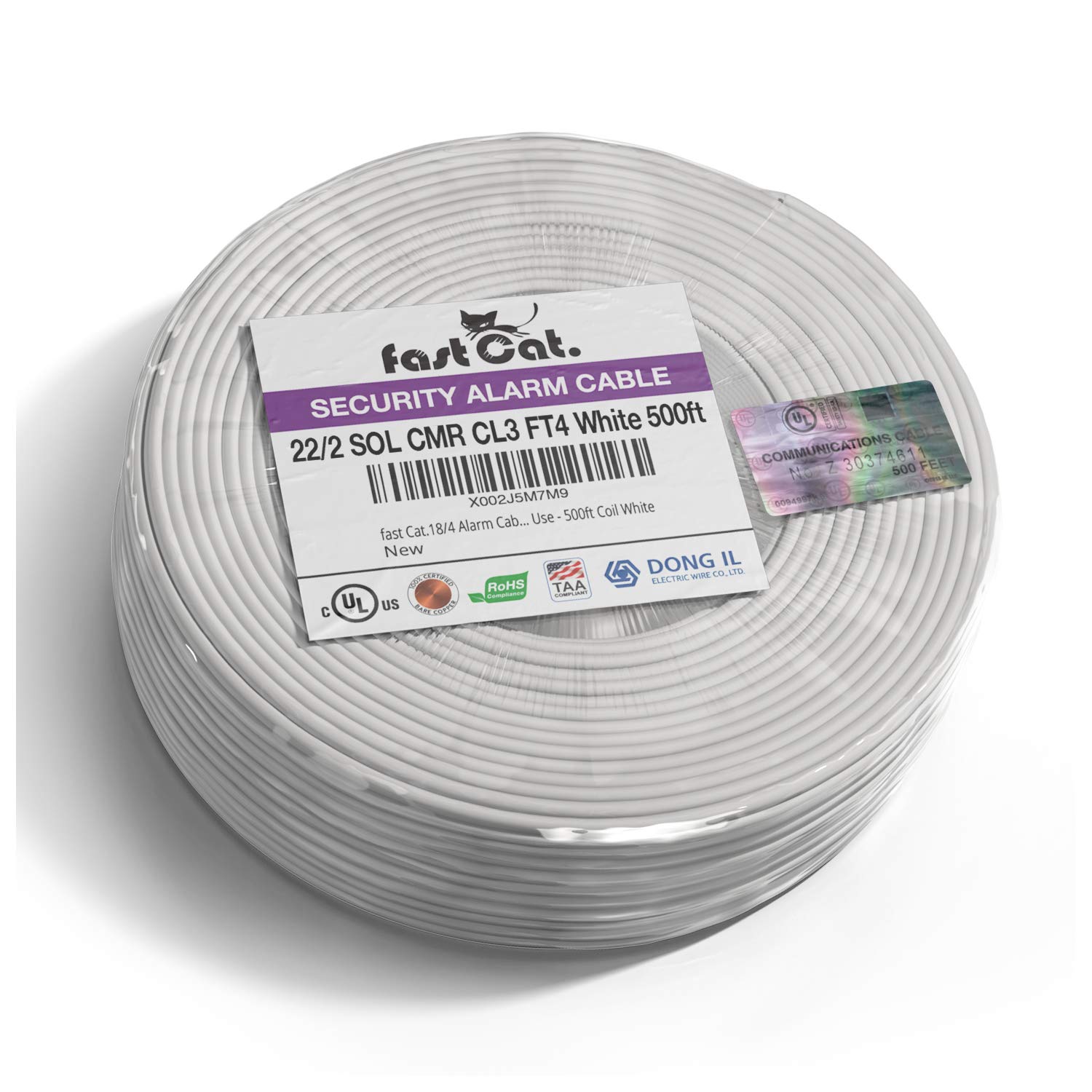 Fast Cat. 22 AWG/Gauge, 2 Conductor 500ft, White Fire/Alarm/Security Cable - PVC Jacket, Unshielded, (CMR-CL3R-FT4) Rated in-Wall Use- UL Rated - Coil