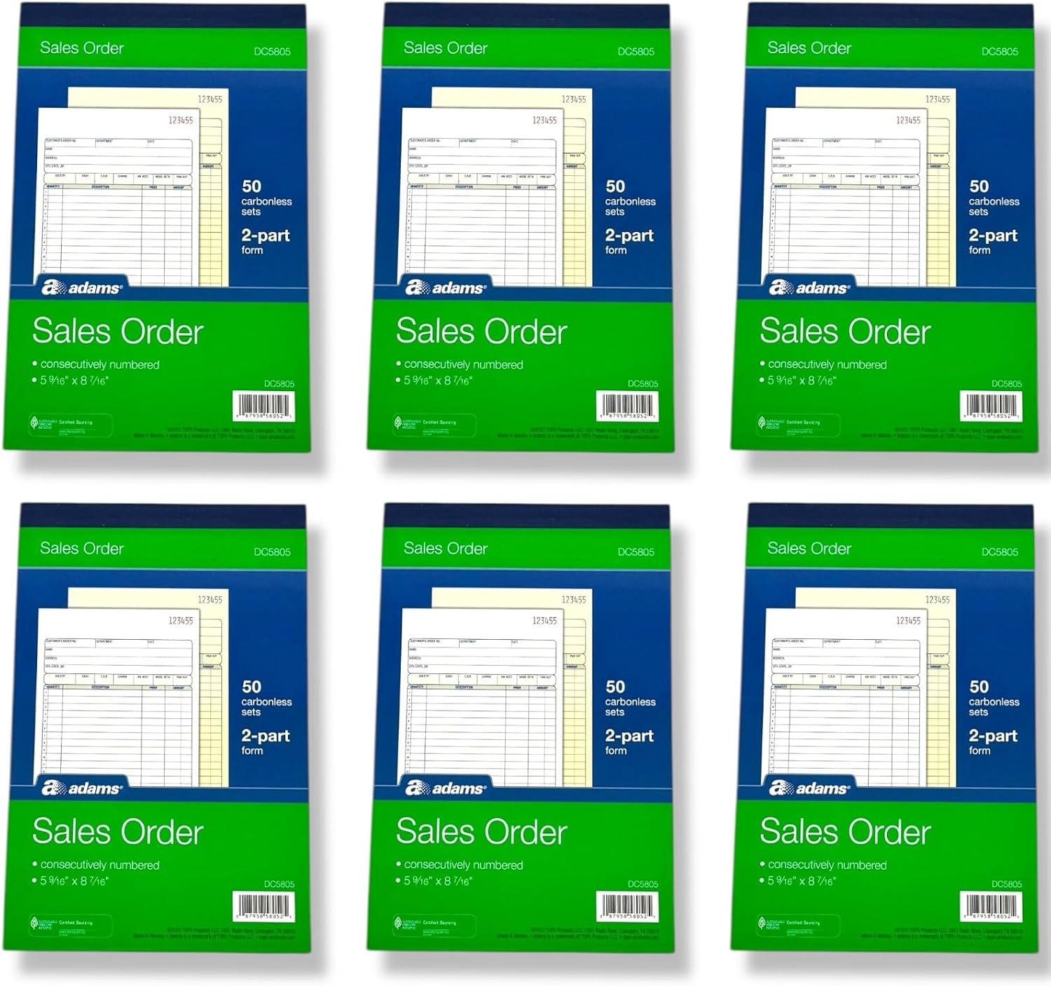 Adams Sales Order Book 2-Part Sets, White/Canary (6 Pack)