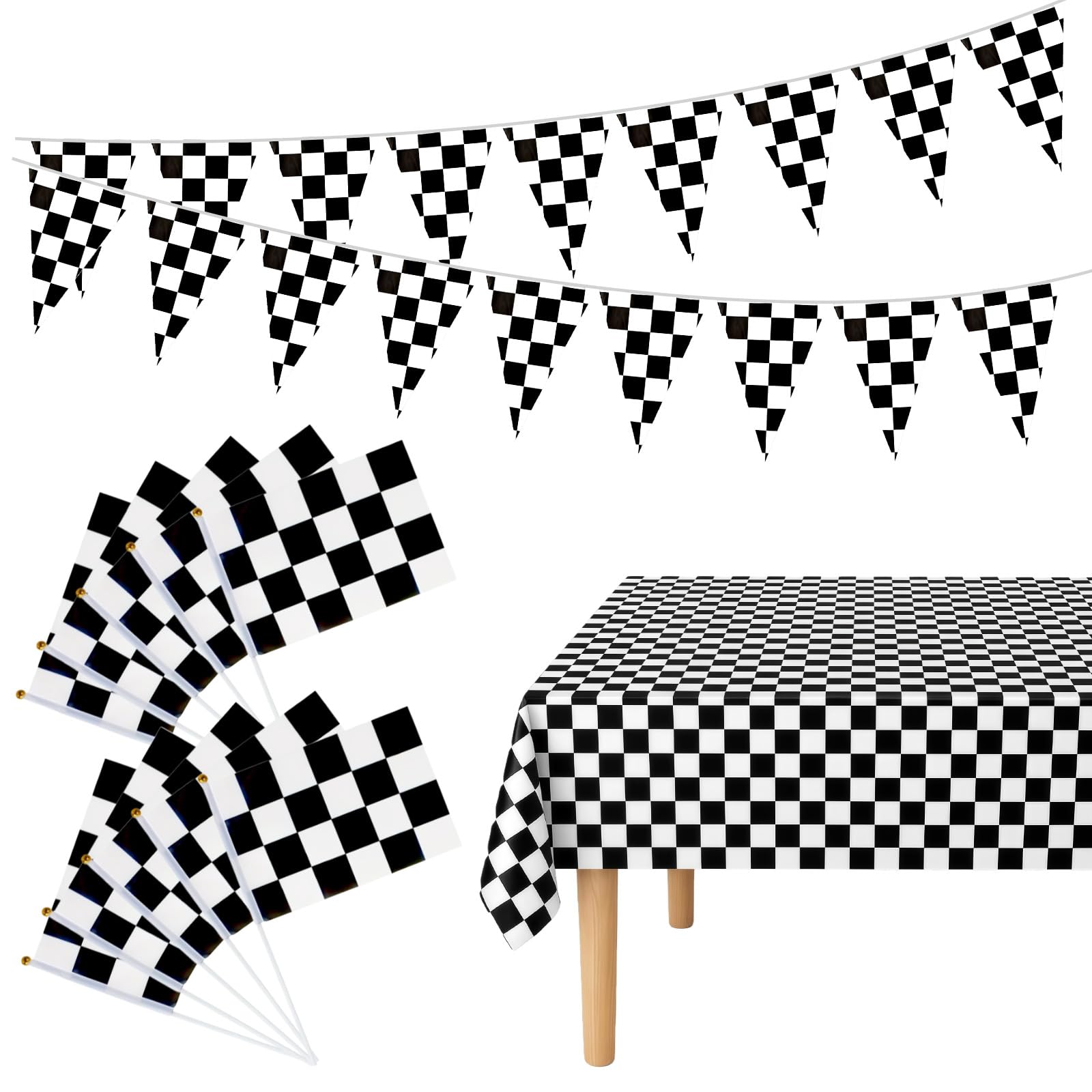 Racing Party Decorations Supplies 137 x 274cm Race Tablecloth 20Pieces with Sticks Checkered Racing Flags 30 Pieces Black and White Triangle Flags Racing Theme Party Decorations