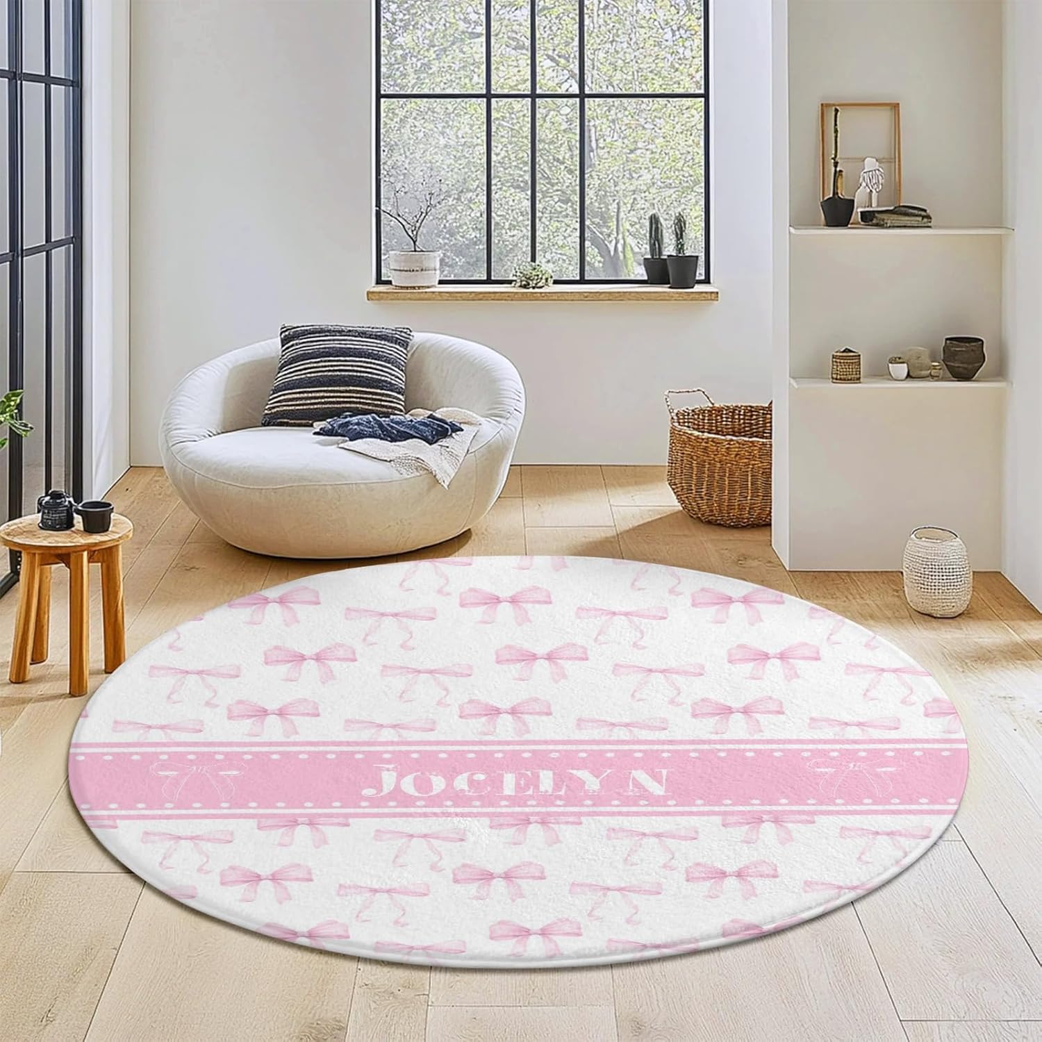 Ribbon Bows Kids Area Rug for Playroom, Pink Kids Classroom Carpet Rug, Custom Name Washable Play Mat Rug for Children Nursery Toddler Room Decor 80CM