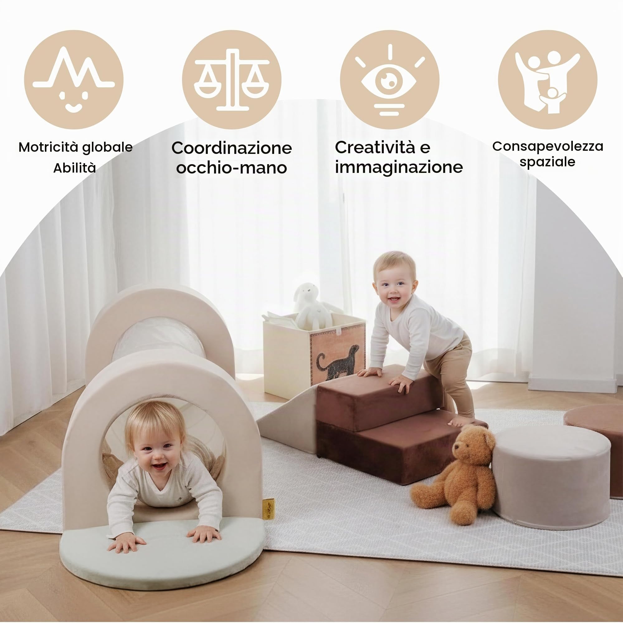 BanaSuper Blocchi di Schiuma con Tunnel di Gioco | Palestra Morbida per Arrampicata Bambini | Set Motricità e Tunnel per Interni | Gioco Educativo Montessori per Casa e Asilo