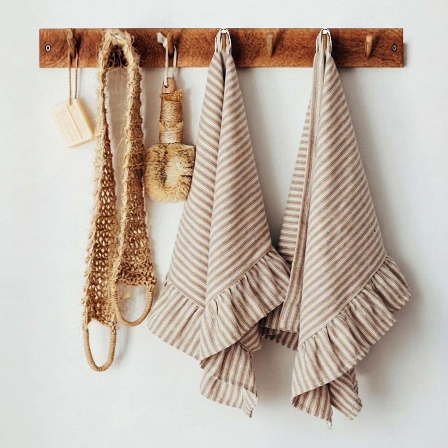 Set of 2 Taupe Striped Kitchen Towels, Farmhouse Ruffled, 18"x28"